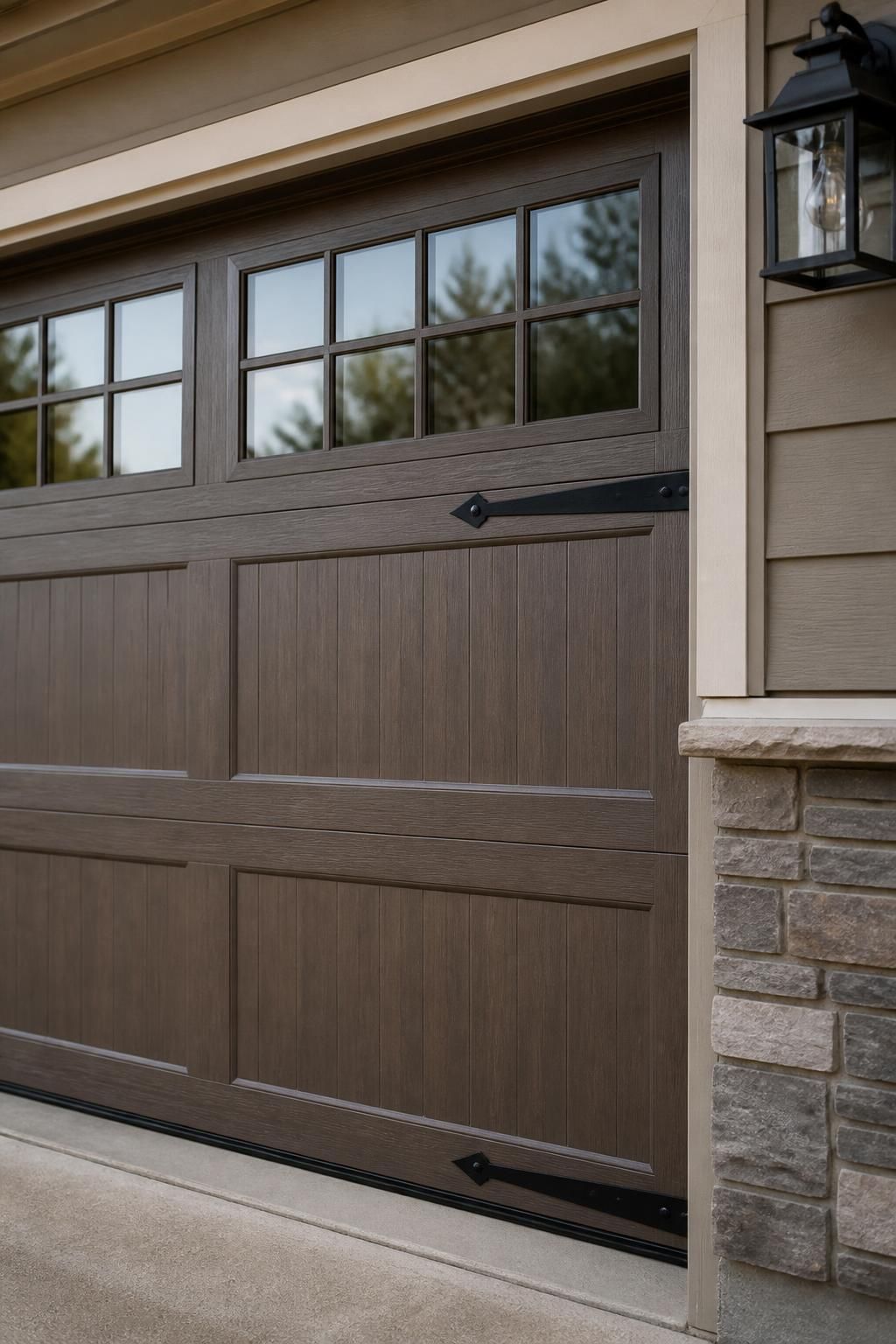 Close-up of a finished garage door installation detail.