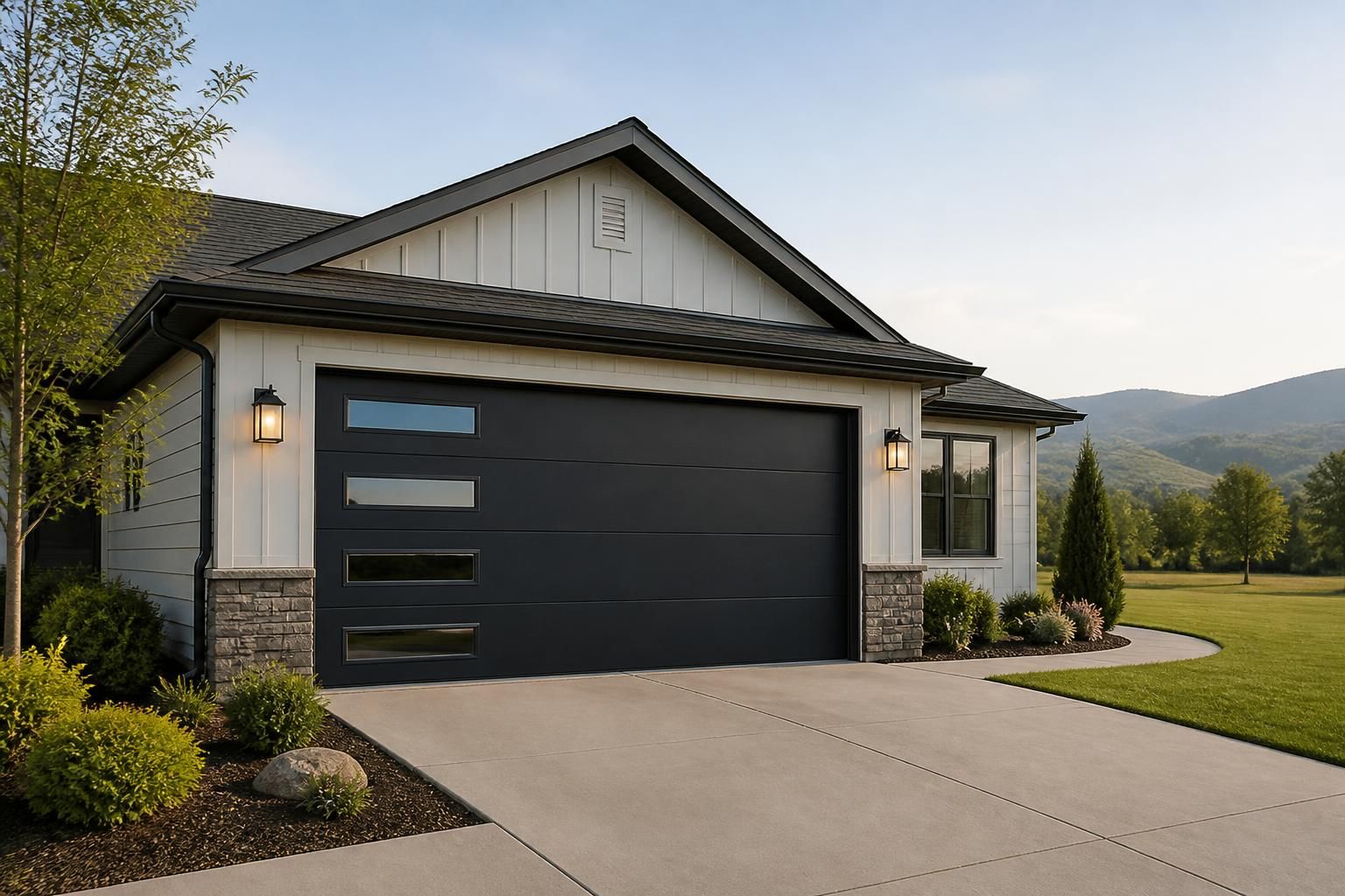 Modern home exterior with a clean, updated garage door.