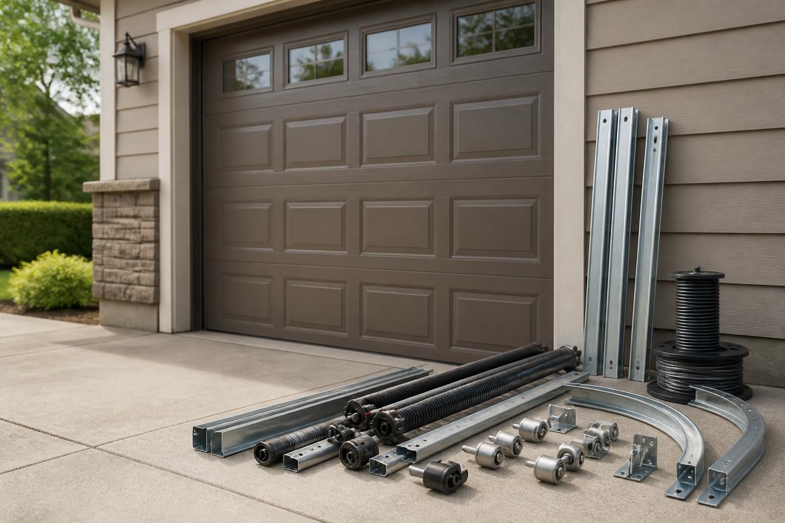 Neatly arranged garage door hardware beside a finished garage.
